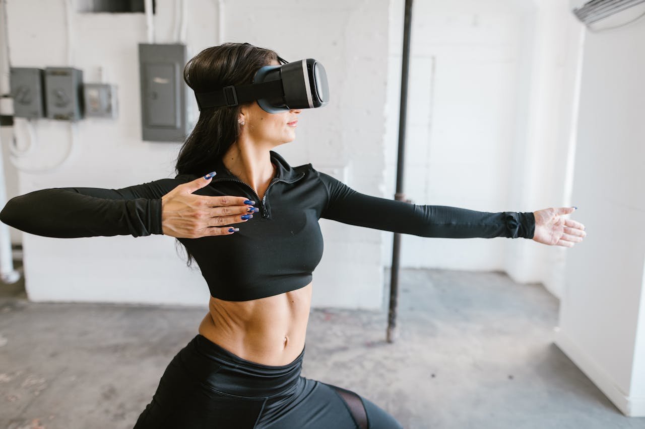 Woman engaging in fitness with VR headset indoors, exploring virtual workout technology.